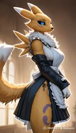 big_butt blue_eyes breasts butt clothing female fur maid_uniform medium_breasts side_butt side_view solo thick_thighs uniform wide_hips yellow_body yellow_fur animated hi_res webm