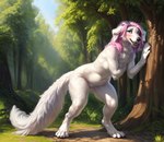 accidental_exposure anthro blush breasts canid canine female fur hair hi_res looking_at_viewer mammal nude outside paws pink_hair plant seductive solo traialas tree white_body wide_hips