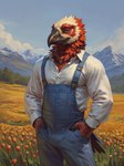 anthro beak black_beak blue_sky claws clothed clothing cloud day denim denim_clothing feathers flower_field fluffy_universe_furry_(model) fully_clothed hand_in_pocket long_sleeves looking_at_viewer male meadow mountains multicolored_body multicolored_feathers narrowed_eyes neck_tuft outside overalls plant pockets red_body red_feathers red_sclera shirt sky slight_smile solo standing tail_feathers three-quarter_view topwear tree tuft tulip_(flower) white_body white_clothing white_feathers white_shirt white_topwear imperialhorizon accipitrid accipitriform avian bearded_vulture bird old_world_vulture vulture half-length_portrait hi_res portrait