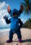 anthro balls beach black_eyes blue_body blue_fur clothing detailed_fur fluffy fluffy_fur footwear fur genitals humanoid_genitalia humanoid_penis lilo_and_stitch male nipples nude open_mouth penis plant sand sandals sea seaside small_penis smile solo tuft water anonymous_director stitch_(lilo_and_stitch) alien experiment_(lilo_and_stitch) humanoid absurd_res detailed hi_res