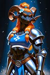 abs abstract_background accessory anthro armor blue_eyes blue_top clothing crop_top female flower flower_in_hair hair hair_accessory horn looking_aside midriff muscular muscular_female orange_hair plant shirt shoulder_armor smug_face solo topwear vambraces copeq brita_eng bovid caprine goat mammal