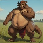 2024 anthro belly bottomwear brown_body brown_fur charr chest_tuft claws clothing felid fur grass guild_wars horn loincloth loincloth_only looking_at_viewer male mammal mostly_nude muscular muscular_anthro muscular_male navel obese obese_anthro obese_male overweight overweight_anthro overweight_male plant rytlock_brimstone saphirix solo tail_tuft tree tuft