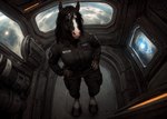 2023 anthro black_body black_fur black_hair breasts clothed clothing dark_eyes detailed_background equid equine female fisheye_lens frown fully_clothed fur hair hands_on_hips hi_res high-angle_view hooves horse malakim mammal markings pink_nose planet science_fiction solo spacecraft spacecraft_interior stable_diffusion standing uniform vehicle white_markings window yiffymix_(model)