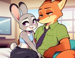 anthro bedroom_eyes blush clothed clothing duo ears_up female hand_on_back inside male male/female narrowed_eyes necktie on_lap seductive sitting_on_lap size_difference smaller_female smile zootopia hank94_(director) judy_hopps nick_wilde canid canine fox lagomorph leporid mammal rabbit hi_res