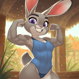4_fingers anthro athletic athletic_female biceps blue_clothing blue_swimwear breasts buckteeth clothed clothing confident detailed_background disney eyebrows eyelashes female fingers flexing flexing_bicep front_view fur grey_body grey_fur grin highleg long_ears looking_at_viewer multicolored_body multicolored_fur muscular muscular_anthro muscular_female muscular_thighs one-piece_swimsuit outside overhang pink_nose plant pose purple_eyes short_tail small_breasts smile smiling_at_viewer solo standing swimwear tail teeth thick_thighs tight_clothing wide_hips unknown_director zootopia judy_hopps lagomorph leporid mammal rabbit hi_res portrait three-quarter_portrait