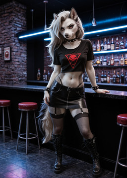 anthro bar black_boots black_clothing black_footwear black_lips black_nails boots bottomwear bracelet clothed clothing collar colored_nails crop_top female fishnet fishnet_legwear footwear front_view high_waisted_bottomwear jewelry knee_boots knee_highs leather leather_bottomwear leather_clothing leather_skirt legwear lips looking_at_viewer nails narrowed_eyes neutral_expression nipple_outline realistic shirt skirt solo spiked_bracelet spiked_collar spikes standing topwear tacitus_kilgore helluva_boss loona_(helluva_boss) canid canid_demon canine canis demon hellhound mammal wolf hi_res
