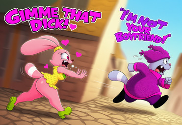 <3 <3_eyes accessory anthro big_butt black_clothing black_eyes bodily_fluids bottomless bottomwear breasts butt clothed clothing dialogue dress duo eyelashes fangs female female_anthro fingers footwear fur green_clothing green_footwear grey_body grey_fur hat headgear headwear heart_symbol humor male male_anthro motion_lines no_underwear open_mouth outside pink_body pink_clothing pink_fur public purple_clothing running sharp_teeth shoes sweat tail teeth text thick_thighs tongue topwear yellow_clothing gridanon chowder_(series) chowder panini_(chowder) domestic_cat felid feline felis lagomorph leporid mammal rabbit english_text hi_res novelai