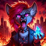 anthro apocalypse bodily_fluids burning collar crystal ear_piercing ear_ring female fur grey_body grey_fur hair piercing purple_eyes red_hair ring_piercing solo spiked_collar spikes tears teeth yelling icefoxai trrith_(character) hyaenid mammal