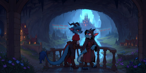 3_toes 4_fingers annoyed anthro black_claws black_horn cape castle castle_background cave cavern claws clothing dress duo feet female fingers flower fur grass hat headgear headwear horn inside landscape leaning leaning_forward looking_at_another looking_at_partner medieval_background medieval_clothing medieval_fantasy melee_weapon mischievous_expression plant red_eyes sword tail_tuft text toes torch tuft weapon white_body white_fur adragocult furred_kobold kobold absurd_res hi_res