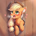 <3 <3_eyes applejack_(mlp) blush bodily_fluids breath equid equine female feral horse mammal motion_lines my_little_pony open_mouth pony prompt_metainfo shaking solo steaming_body stuck sweat through_wall trembling venisoncreampie