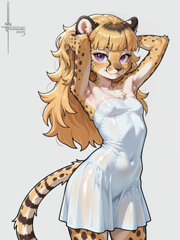 anthro bangs blunt_bangs breasts chest_tuft clothing cute_fangs dress female fur furgonomics glistening glistening_lips hands_behind_head inviting lips looking_at_viewer navel_outline nipple_outline pose purple_eyes simple_background small_breasts solo spots spotted_body spotted_fur sundress tail translucent translucent_clothing tuft numeradin cheetah felid feline mammal invalid_tag hi_res