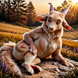 female feral fluffy fur ground horn lying paws smile solo stripes stroking tail tuft director_zerumi zerumi bovid caprine goat mammal animated short_playtime webm