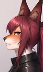 anthro black_nose clothing felid feline female fur hair hi_res inner_ear_fluff jacket lynx mammal multicolored_body multicolored_fur red_hair simple_background solo stable_diffusion topwear tuft yellow_eyes