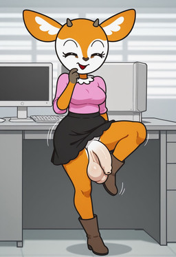 anthro balls big_balls big_penis bottomwear bovid_horn breasts clothed clothing clothing_lift desk eyes_closed flaccid foreskin foreskin_overhang fur furniture genitals gynomorph horn humanoid_genitalia humanoid_penis inside intersex long_foreskin office office_clothing open_mouth orange_body orange_fur penis raised_bottomwear raised_clothing raised_skirt saggy_balls shirt skirt skirt_lift smile solo table topwear unretracted_foreskin boxen549 aggretsuko sanrio tsunoda_(aggretsuko) antelope bovid gazelle mammal hi_res