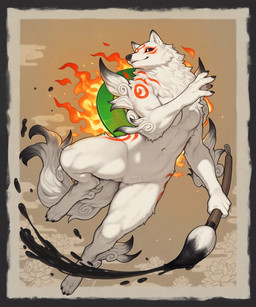 4_fingers action_pose anthro black_sclera border breasts brown_background featureless_breasts featureless_crotch female fingers fire holding_object ink ink_brush japanese_mythology looking_away markings mythology navel nude pose pupils red_markings simple_background solo white_body white_pupils burioth okami_(capcom) amaterasu_(okami) canid mammal absurd_res full-length_portrait hi_res portrait