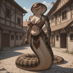 anthro apode breasts brown_body brown_clothing brown_eyes brown_scales clothed clothing cloud fangs fantasy female legless non-mammal_breasts outside scales serpentine skimpy snake_hood solo stone_building teeth tribal_clothing zoc cobra draconcopode naga reptile scalie snake hi_res