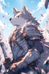 anthro armor avian bottomwear bracers canid canine canis clothing cloud fur fur_trim grey_body grey_fur hi_res looking_away male mammal melee_weapon niji_journey petals solo spacetime933 sword topwear tower weapon white_body white_fur wolf