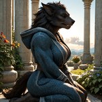 anthro breasts cleavage clothed clothing eyes_closed female flower hood kneeling leaf light light_beam pillar plant robe side_view solo sunbeam sunlight natox skyrim_werewolf canid canine mammal were werecanid werecanine werewolf attempted_signature