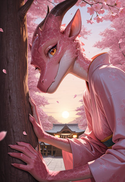 amber_eyes anthro asian_clothing cherry_blossom cherry_blossom_tree cherry_tree clothing east_asian_clothing female fruit_tree horn japanese_clothing kimono obi petals plant shrine smile solo solo_focus sun sunset tree tollilo kobold reptile scalie hi_res
