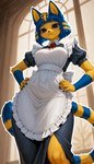 anthro black_eyes blue_body blue_fur blue_hair blush breasts claws clothing female fur hair inside looking_at_viewer low-angle_view maid_uniform medium_breasts mouth_closed outline short_sleeves solo standing uniform yellow_body yellow_fur ayo_keito ankha_(animal_crossing) domestic_cat felid feline felis mammal absurd_res hi_res