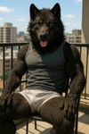 anthro balcony black_body black_fur blurred_background boxers_(clothing) brown_body brown_fur chair city clothed clothing cloud day dirty_clothing eye_scar facial_scar fur furniture light looking_at_viewer male muscular muscular_anthro muscular_male on_chair outside photorealism photorealistic presenting realistic realistic_fur realistic_lighting scar shirt sitting sitting_on_chair solo spread_legs spreading sunlight tank_top tongue tongue_out topwear underwear yellow_eyes delken canid canine canis mammal wolf hi_res