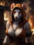 alex2018 anthro breasts cleavage clothed clothing corset detailed detailed_fur female fire fluffy fur hi_res hood lingerie looking_at_viewer mammal murid murine orange_eyes outside pink_nose rat rodent seductive skaven smile solo topwear white_body white_fur