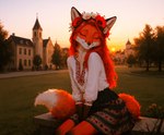 accessory anthro backlighting black_bottomwear black_clothing black_highlights black_skirt bottomwear building clothed clothing eyes_closed female flower flower_in_hair fluffy fluffy_tail fully_clothed fur grass hair hair_accessory hands_between_legs happy highlights_(coloring) light long_hair neck_tuft orange_body orange_fur orange_hair plant shirt sitting skirt sky smile solo sun sunset topwear town tree tuft white_clothing white_shirt white_topwear oldhroft canid canine fox mammal absurd_res hi_res lighting