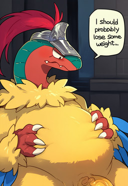 armor belly big_belly biped blue_body blue_feathers castle claws dialogue disappointed_expression feathers feral flaccid fur genitals girthy_penis green_head half-closed_eyes hand_on_stomach headgear headgear_only helmet helmet_only humanoid_genitalia humanoid_penis inside looking_at_belly looking_at_own_belly looking_at_self looking_down_at_self male narrowed_eyes obese overweight penis penis_base red_face solo speech_bubble text upper_body vein veiny_penis wavy_mouth yellow_body yellow_feathers yellow_fur unknown_director nintendo pokemon archeops dinosaur fossil_pokémon generation_5_pokemon pokemon_(species) reptile scalie english_text hi_res