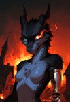 amputee black_body black_fur blue_body breasts building castle chest_tuft cybernetic_arm cybernetic_limb cybernetics disability elemental_manipulation eye_scar facial_scar featureless_breasts female fire fire_manipulation fur green_eyes grey_body heterochromia horn looking_at_viewer machine medium_breasts mythology non-mammal_breasts nude outside prosthetic prosthetic_arm prosthetic_limb scales scar small_breasts solo tuft gshepanon cyborg dragon furred_dragon furred_scalie mythological_creature mythological_scalie scalie absurd_res half-length_portrait hi_res portrait