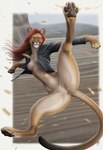 anthro bottomless cliff clothed clothing digitigrade featureless_crotch female golden_eyes hair hill jacket jumping looking_at_viewer nude red_hair sand semi-anthro smile solo spread_legs spreading tasteful_nudity topwear twisting wind director_crashbandit cougar felid feline mammal pantherine hi_res novelai