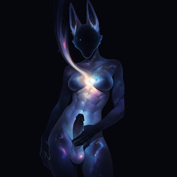 abs balls black_background breasts cosmic_background cosmic_body erection featureless_breasts fingers fur genitals glowing glowing_eyes gynomorph holding_penis humanoid_genitalia humanoid_penis intersex looking_at_viewer muscular muscular_gynomorph muscular_intersex navel nude penis simple_background solo standing star latentspaceman canid canine fox mammal hi_res