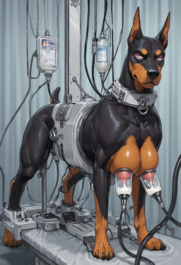 bodily_fluids breast_milking busty busty_feral cuff_(restraint) eyeliner female feral lactating machine makeup milking_machine muscular muscular_female restrained restraints solo randomuser1337 canid canine canis dobermann domestic_dog mammal pinscher hi_res