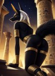 anthro anubian_jackal armor balls black_body black_eyes black_fur bracers butt canid canine canis clothing detailed detailed_background egyptian egyptian_clothing fur genitals gold_(metal) gold_jewelry hair hi_res hieroglyphics jackal jewelry long_ears long_hair looking_at_viewer looking_back looking_back_at_viewer male mammal night night_sky outside pillar portrait prick_ears pyramid shadow short_hair sky smile smiling_at_viewer snout solo star starry_sky three-quarter_portrait white_hair yellow_ears