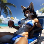 abs absurd_res alcohol anthro ascar_the_maned_fox_(character) beach beverage black_hair blue_eyes breasts bulge canid canine fox gemuseachmed gynomorph hair hi_res hybrid intersex mammal maned_wolf palm_tree plant sea seaside solo sunbed tree water