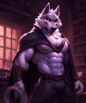 anthro biceps black_sclera claws cloak clothing detailed_background ears_up fingers fur inside looking_at_viewer male male/male muscular muscular_male nipples red_eyes smile solo solo_focus thick_neck white_body white_fur kuranoidss death_(puss_in_boots) canid canine canis mammal wolf hi_res