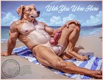 animal_genitalia animal_penis anthro atmospheric_perspective balls beach blue_sky broad_shoulders bushy_tail canine_genitalia canine_penis cloud digitigrade exhibitionism floppy_ears fur genitals horizon laying_down male mature_anthro mature_male musclegut muscular_arms muscular_legs navel nipples nude_beach outside overweight paws peaceful pecs penis postcard realistic realistic_fur reclining relaxing retro sand sea seaside short_fur sky solo sunbathing sunny tapering_penis text tropical vintage water wave yellow_body yellow_fur director_kovin-ai-fterdark bird_dog canid canine canis domestic_dog golden_retriever hunting_dog mammal retriever colorful english_text warm_colors