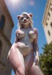 anthro backlighting blurred_background breasts city city_background claws female fur genitals green_eyes hair hands hi_res light lighting mammal mephitid nipples pink_body pink_fur pose pussy seductive skunk smile solo stablexai sunlight teeth white_body white_fur white_hair