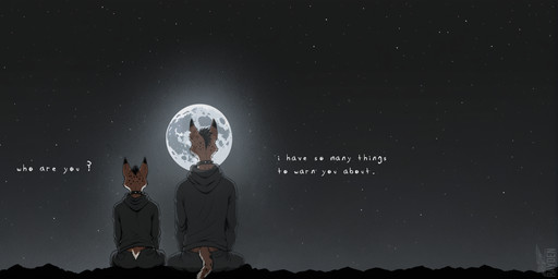 anthro black_bottomwear black_clothing black_collar black_hoodie black_mohawk black_pants black_spots black_topwear bottomwear brown_body brown_fur clothing collar countershading dark dialogue duo fur hoodie looking_away male moon night pants rear_view sitting spots star topwear white_body white_countershading rayden sinner_(rayden) canid canine canis jackal mammal spirit comic flat_colors hi_res watermark