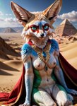 absurd_res ai-honduraz anthro big_ears blue_body blue_fur breasts canid canine canyon claws clothing cloud exposed_breasts female fox fur gem genitals green_clothing green_eyes green_robe hi_res inner_ear_fluff jewelry mammal mountains navel necklace nipples pussy pyramid red_cape robe sand sky solo tuft