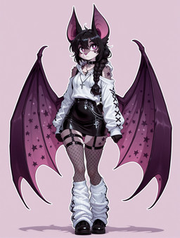 accessory alternative_fashion anthro arm_tattoo bat_ears bat_wings bedroom black_clothing bottomwear braided_hair breasts chain chain_necklace chest_tuft clothing collar cross cross_necklace facial_tattoo female fishnet footwear hair hoodie jewelry leg_warmers legwear looking_at_viewer markings membrane_(anatomy) membranous_wings messy_hair necklace pencil_skirt ponytail purple_eyes shoes shoulder_tattoo shoulderless_shirt simple_background skirt small_breasts solo star_(marking) straps tattoo thigh_strap topwear tuft white_clothing wings loren_iipsum magna bat fish mammal marine absurd_res hi_res