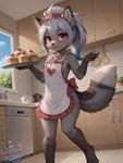 anthro apron apron_only blue_hair clothing cupcake detailed_background female food fur grey_body grey_fur hair kitchen looking_at_viewer markings mostly_nude multicolored_hair red_eyes silver_hair smile solo two_tone_hair director_myrlonel canid canine fox mammal hi_res