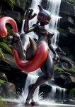 2_toes 3_fingers anthro black_body black_skin breasts feet female fingers generation_1_pokemon glistening glistening_body glistening_skin hi_res humanoid kick legendary_pokemon long_tail low-angle_view mewtwo nipples paws pokemon_(species) red_body red_eyes red_skin seductive soles solo splash stablexai stomping toes underpaw water water_drops waterfall