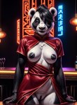 anthro asian_clothing bar black_hair black_nipples blue_eyes breasts chinese_clothing chinese_dress clothing dress east_asian_clothing female genitals giant_panda hair hi_res looking_at_viewer mammal marcus64 multicolored_body neon_lights nipples pussy red_clothing solo standing two_tone_body ursid