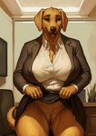 anthro bedroom_eyes big_breasts bird_dog black_nose bottomless bottomwear breasts brown_eyes canid canine canis chest_tuft clothed clothing clothing_lift curvy_figure domestic_dog dress_shirt female flashing flashing_pussy fluffy fluffy_tail genitals hi_res hunting_dog inside labrador looking_at_viewer mammal mature_female narrowed_eyes nipple_outline office open_mouth pivoted_ears presenting presenting_pussy pussy retriever seductive shirt skirt skirt_lift solo suit thick_thighs tongue tongue_out topwear tuft unknown_director