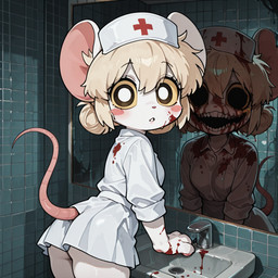 anthro bathroom blood blood_on_face bodily_fluids bottomwear clothing dark female gore horror_(theme) looking_at_viewer mirror mirror_reflection mouse_ears mouse_tail nurse_outfit parted_lips reflection shadow skirt solo tile tile_wall wall_(structure) white_bottomwear white_clothing white_skirt lucasauditore lorna_(terrible_mouse) hi_res