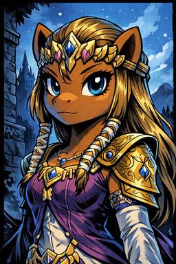 anthro blue_eyes braided_hair breasts brown_body brown_fur brown_hair castle eyelashes female fur hair long_hair night outside smile smiling_at_viewer solo nintendo the_legend_of_zelda the_legend_of_zelda_twilight_princess princess_zelda equid equine horse mammal pony hi_res