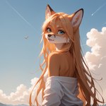 anthro bare_shoulders blonde_hair breasts female hair hair_between_eyes long_hair looking_at_viewer looking_back nipples outdoors small_breasts smile smiling_at_viewer solo solo_focus magacitl canid canine fox mammal hi_res