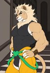 anthro belt black_bodysuit blonde_hair bottomwear bracelets clothing fur hair hands_on_hips looking_at_viewer male mane orange_bottomwear orange_clothing orange_pants pants simple_background solo tail yellow_body yellow_fur maxoggami_(director) dio_brando felid lion mammal pantherine hi_res