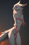 5_fingers anthro beak blush breasts claws covering covering_breasts covering_crotch covering_self elbow_tuft feathers female fingers fluffy fur looking_away neck_tuft nude pink_sclera pink_spots scuted_arms scutes shy simple_background slim small_breasts solo spots spotted_body spotted_fur standing tail_feathers thick_tail tuft white_beak white_body white_claws white_fur oldhroft avian velari absurd_res hi_res portrait three-quarter_portrait