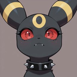 ambiguous_gender blush collar eyelashes looking_at_viewer red_eyes red_sclera solo spiked_collar spikes staring teeth wide_eyed nameynamename nintendo pokemon eeveelution generation_2_pokemon pokemon_(species) umbreon
